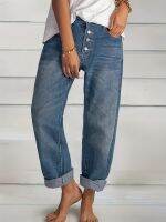 xixibeauty Rolled Hem Single-breasted Closure Denim Pants, Straight Legs Loose Fit Casual Denim Jeans, Womens Denim Jeans &amp; Clothing