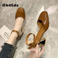 Womens Sandals 2021 Autumn New Square Toe Thick Heel Single Shoes Female Shallow Mouth One Word Buckle Hollow Sandals