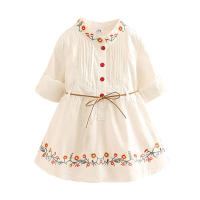 Spring Autumn 3-12 Ages Kids Embroidery Floral Long And Short Sleeve Double Use White Elegant Dress Princess Girl With Belt