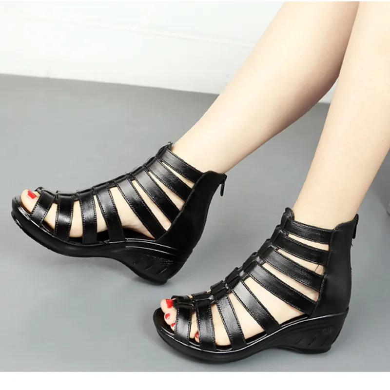 Women Summer Wedge Heel Roman Gladiator Sandals Black Leather Peep Toe Shoes #