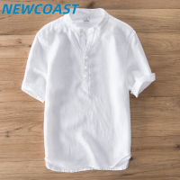 NewCoast เสื้อขายดีฝ้ายลินินแขนยาวผู้ชาย,สีทึบคอตั้งลำลองขนาดพิเศษชายหาด