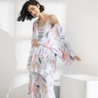 JULYS S SONG 3 Pcs Women Pajamas Set Female Pyjama Loose Viscose Floral Printed Sleepwear Star Nightwear Spring Summer Robe