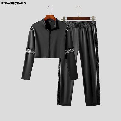 INCERUN ชุดออกกำลังกายสำหรับผู้ชาย2ชิ้น,เสื้อมีซิปแผงกีฬาเย็บปะติดปะต่อกัน + ชุดครอปกระชับชุดกางเกงขายาวชุดธรรมดา (เสื้อผ้าลำลอง) #3