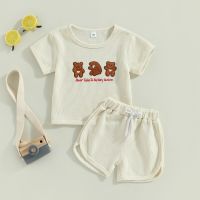 Two Pieces Baby Boy Girl Waffle Clothes Set Cute Casual Embroidery Cartoon Bear Short Sleeve T-shirt+Elastic Waist Shorts Outfit  by Hs2023