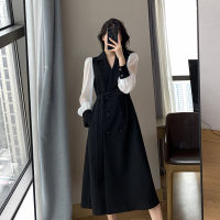 Vintage Fashion Belt Maxi Dresses for Women Notched Long Sleeve Office Ladies Blazer Dress Autumn Winter Long A-Line Black Dress