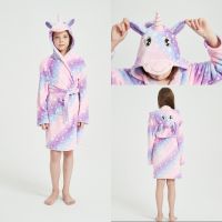 New Autumn Winter Kids Hooded Bathrobe Baby Bath Robes Baby Boys Girls Cartoon Unicorn Flannel Pajamas Long Sleeve Towel Robe