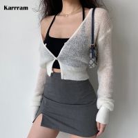 ☃♧ Karrram Korean See Through Cropped Cardigan Thin Hollow Out Knitted Cardigans Sleeve V-neck Sweater Crop