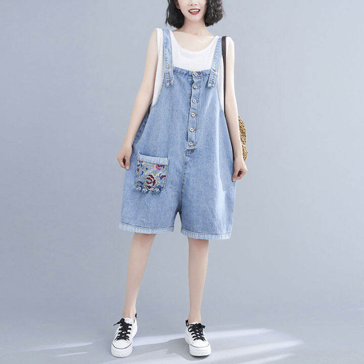 Summer new overalls loose large size denim shorts ethnic style