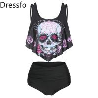 Dressfo Skull Flower Print Flounce Padded Swimsuit Women Two Piece Set Floral Print Brief Gothic Swimwear for Beach Party Summer