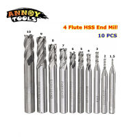 10PcsSet Diameter 1.5mm to 10mm HSS CNC Milling Cutter Straight Shank 4 Flute Blades End Mill Cutter Drill Bit