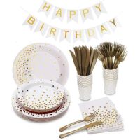 [Afei Toy Base]Platinum Theme Disposable Tableware Set Afei Toy Base Stamping Polka Dot Birthday Party Decoration Paper Plate Paper Cup Paper Towel Straw