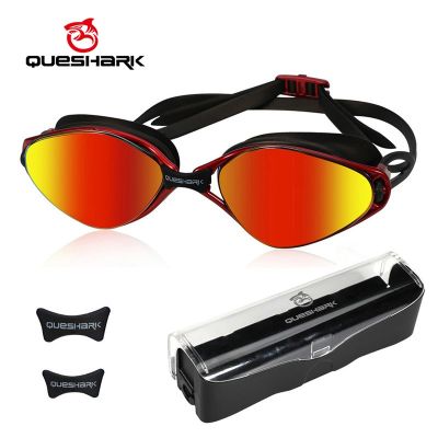 QUESHARK แว่นตาว่ายน้ำป้องกันรังสียูวีกันการเกิดฝ้า HD สำหรับผู้หญิงและผู้ชายว่ายน้ำดำน้ำใส่เล่นกีฬาทางน้ำพร้อมชุดกล่องพกพา