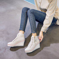 GA 2021 New Korean Style Large Size Canvas Shoes Womens Wedge Side Zipper 8Cm Height Increasing Casual High-Top Canvas Shoes For Women