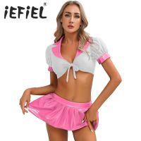 Womens Sexy Costume Schoolgirl Role Play Cosplay Outfit Crop Top Patent Leather Pleated Skirt Sets for Themed Party Dress Up