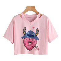 เสื้อครอปสำหรับผู้หญิงเสื้อยืดเอวลอย Lilo Stitch ลายการ์ตูนสุดน่ารักเสื้อยืดเสื้อยืด Manga ตะเข็บ Y2k กราฟิกสำหรับผู้หญิงเสื้อครอปเสื้อยืดผู้หญิง