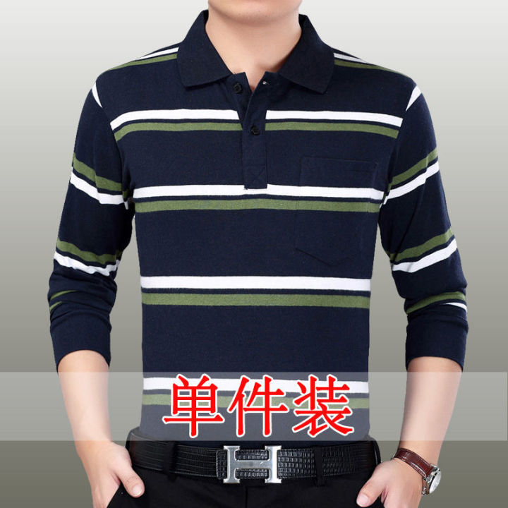 eilen-เสื้อเสื้อยืดลายทางคอปกแขนยาวผู้ชาย-เสื้อลำลองธุรกิจเสื้อผ้าลำลองหลวมของพ่อ
