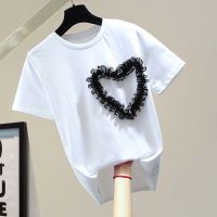 Womens T-Shirt Round Neck Heart Shaped Short Sleeve Standard Loose Simple Fashion 2022 Summer New Casual Top White Basic Tee