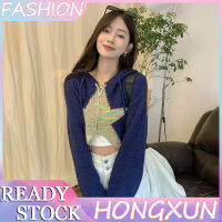 HONGXUN สเวตเตอร์เสื้อคาร์ดิแกนแบบถักมีฮู้ดทรงหลวมสั้นสไตล์เกาหลีสำหรับผู้หญิง