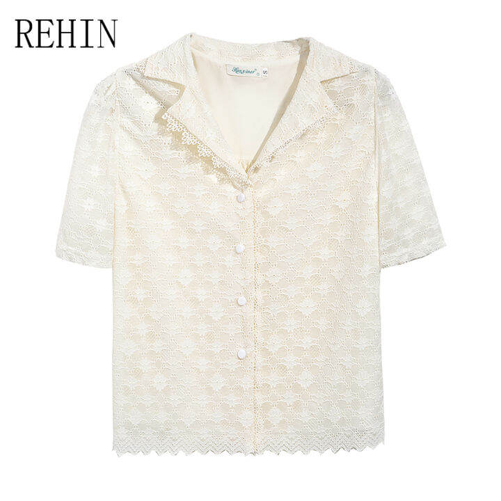 rehin-เสื้อเชิ้ตผู้หญิงแขนสั้นคอวีลูกไม้สวยงาม-เสื้อลูกไม้แฟชั่นสไตล์เกาหลีแบบใหม่ฤดูร้อน