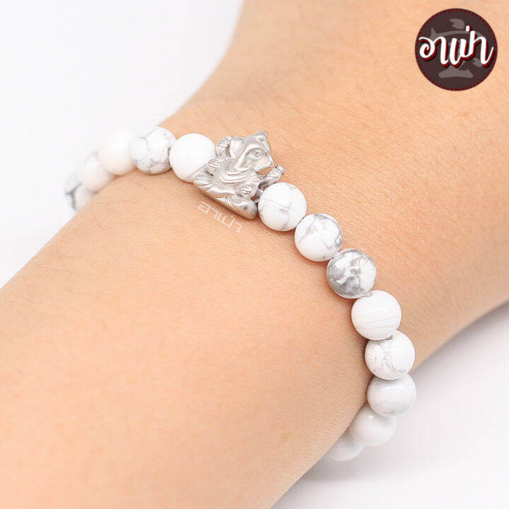 อาเป่า-หินฮาวไลท์-howlite-ขนาด-6-มิล-ประดับ-พระพิฆเนศ-เงินแท้-92-5-คัดหิน-หินใจเย็น-กำไลหินสี-กำไลหินนำโชค-หินสีขาว