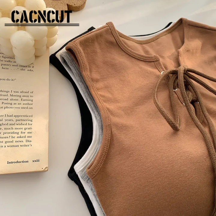 cacncut-สายคล้องไขว้หวานเจ๋งเพรียวบางเสื้อกั๊กขนาดพอดีตัวผู้หญิงดีไซน์ใหม่สัมผัสแบบเฉพาะช่วงฤดูร้อน2023