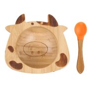 Baby Feeding Bowl Baby Dinner Plate Cartoon Natural Bamboo Kids Feeding Dinnerware With Silicone Suction Cup Wooden Fork Spoo