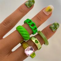 Y2K 6Pcs Set Rings Vintage Metal Resin Love Heart Ring Set for ashion Green Resin Fashion Jewelry Gift