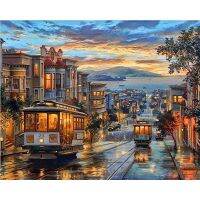 Early Morning Bus 50x65CM Painting By Numbers Digital Oil Living Room Landscape Animation Character Coloring Manual Decoration