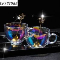 2Pcs 470Ml Creative Glass Breakfast Milk Cup With Spoon And Handgrip Tawny Oatmeal Cup Home Juice Mug Beverage Utensil Drinkware