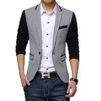 ใหม่ Fit Casual Jacket ผ้าฝ้ายผู้ชาย Blazer แจ็คเก็ตปุ่มเดียวสีเทาบุรุษเสื้อสูทฤดูใบไม้ร่วง Patchwork Coat ชาย Suite