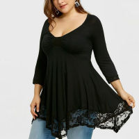 Large Size Women Blusas Fashion V Neck Three Quarter Sleeve Lace Patchwork Irregular Long Blouse 5xl Plus Size Women Clothing