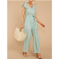 PUWD Casual Women V Neck Stripe Jumpsuits  Summer Fashion Ladies Ruffles Beach Rompers Female High Waisted Lacing Jumpsuit