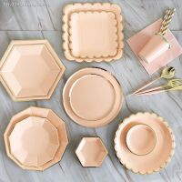 ✻☑ Gold Foil Pink Birthday Party Wedding Decor Cake Dish Disposable Tableware Set Party Supplies Paper Plate Cup Baby Shower Favors