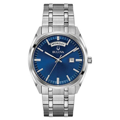 Bulova Mens Classic Stainless Steel Watch with Day Date Silver Tone/Blue