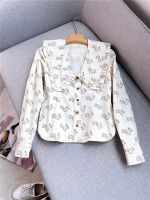 Women Single Breasted Blouse Cute Long Sleeve Peter Pan Collar Hem Slit Spring Autumn 2021 New Ladies Squirrel Print Shirts Top