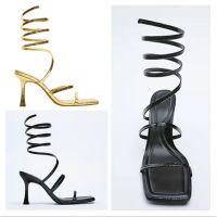 Womens shoes Za.raˉ2022 summer new gold spiral strap fashion buckle sandals square head open toe high-heeled sandals women