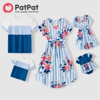 TOP☆PatPat Family Matching Cotton Short-sleeve Colorblock T-shirts and Striped Floral Print V Neck Belted Dresses Sets