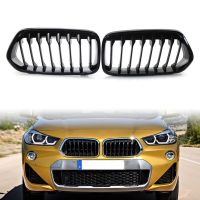 1Pair Glossy Black Car Front Bumper Grille Kidney Grill Single Slat For BMW X2 Series F39 2018 2019 2020 2021 ABS Plastic