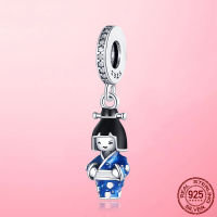 Travel Charms Sterling Silver 925 Japanese Doll in Blue Kimono Dangle Charm Beads fit Pendant nd celet Necklace Jewelry