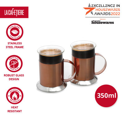 La Cafetiere Set of 2 Polished Copper Coffee Cups, Heat-Resistant Borosilicate Glass and Stainless Steel Bottom Frame w/ Handle แก้วกาแฟ เซต 2 ใบ