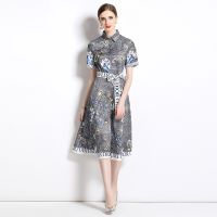 Women New Dress Real Shot  Flower Print  Midi Dress Short Sleeve A- Line Dress