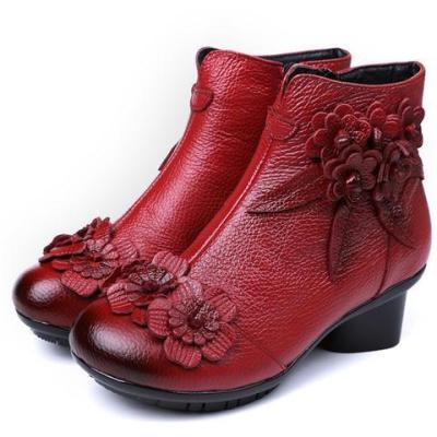 รองเท้าหนังวัวสำหรับสตรี Sepatu BOOT Pendek รองเท้าขนาดใหญ่บูททำจากฝ้ายย้อนยุคทำด้วยมือรองเท้าบูทส้นเตารีดหนังสายเดี่ยวหนังแท้
