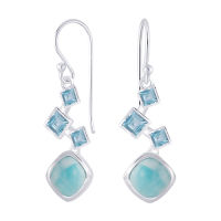 Silver thai Square dangle earrings silver crystal aquamarine turquoiseต่างหูระย้าทรงเหลี่ยมเงินแท้925คริสตัลหินอะความารีน เทอร์ควอยซ์