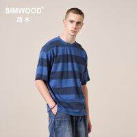 SIMWOWood กางเกงยีนส์ซักได้สำหรับผู้ชาย,เสื้อยืดลายทางโอเวอร์ไซส์310G 100% ผ้าวินเทจผ้าฝ้าย SL210470ฤดูร้อน