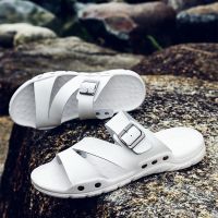 Mens Slippers Outdoor Beach Tide Fashion Sandals Outside Shoes Men Slides Split Leather