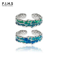 F.I.N.S Original Texture Irregular 100 S925 Sterling Silver Open Ring Concave Convex Blue Green Enamel Resizable Finger Jewelry