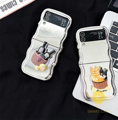 For เคสมือถือ Z Flip 3 [Wave Shape Plating Wine Bread Pop Grip] เคส Phone Case For SAMSUNG Galaxy Z Flip 5 / Z Flip 4 / Z Flip 3 Ins Korean Style Retro Classic Couple Shockproof Protective TPU Cover Shell