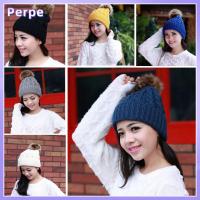 PERPE Cute Winter Ski Raccoon Fur Beanie Crochet Cap Pom Bobble Wool Knit Hat