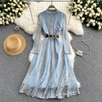 French Retro Crochet Hollow Lace Goddess Fan Temperament Self-cultivation and Comfortable Stand-up Collar Single-breasted Big Swing Dress