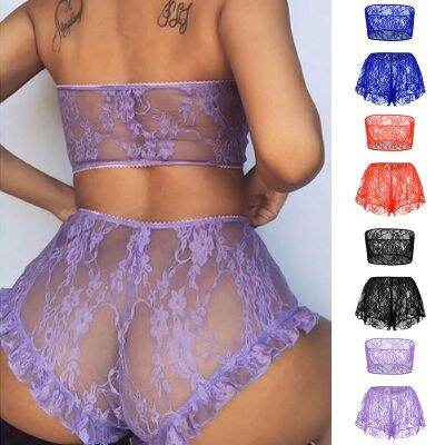 【CC】△  Ruffle Sleepwear Babydoll Tulle Set Ladies Bandeau Nightwear Top Shorts Sets